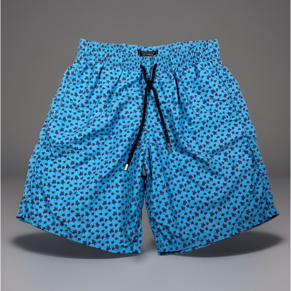 Vilebrequin Mens Large Swim Trunks Blue Sea Turtle Print Board Shorts Moorea